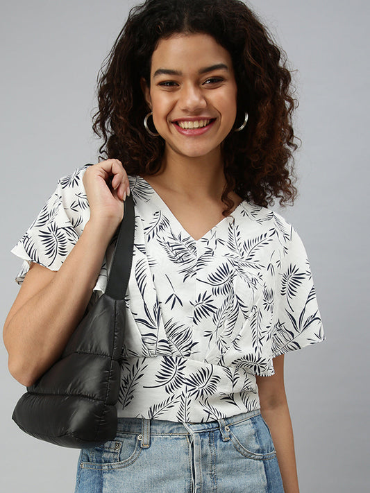 Women's White Floral Print Tropical Crepe Top