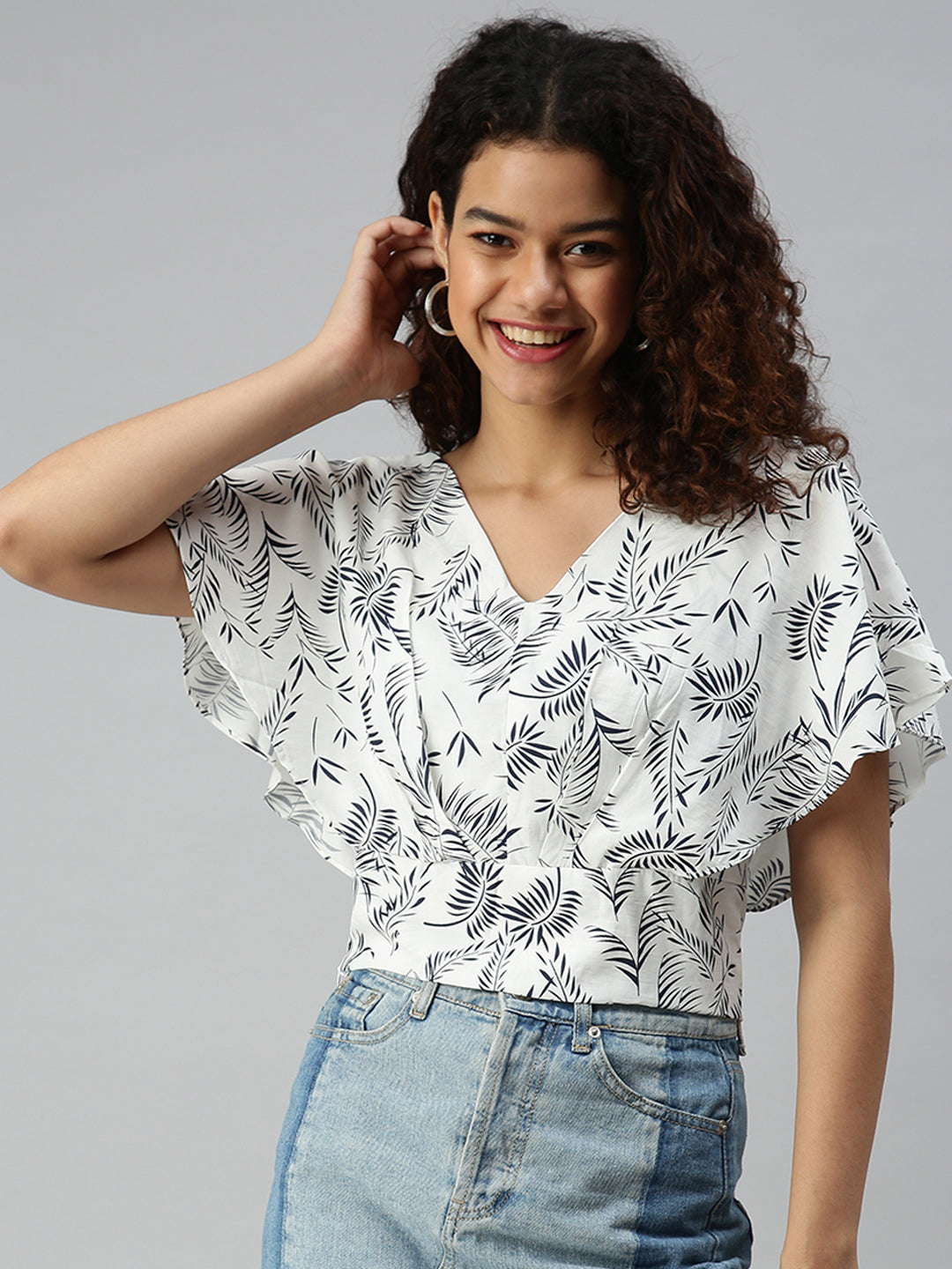 Women's White Floral Print Tropical Crepe Top