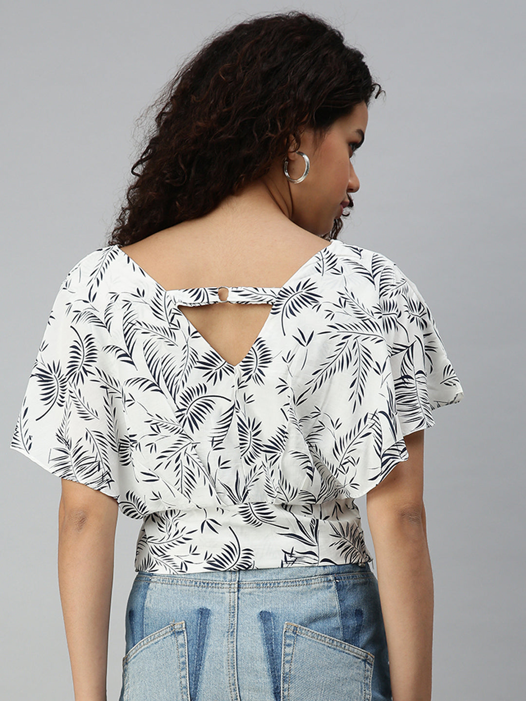 Women's White Floral Print Tropical Crepe Top