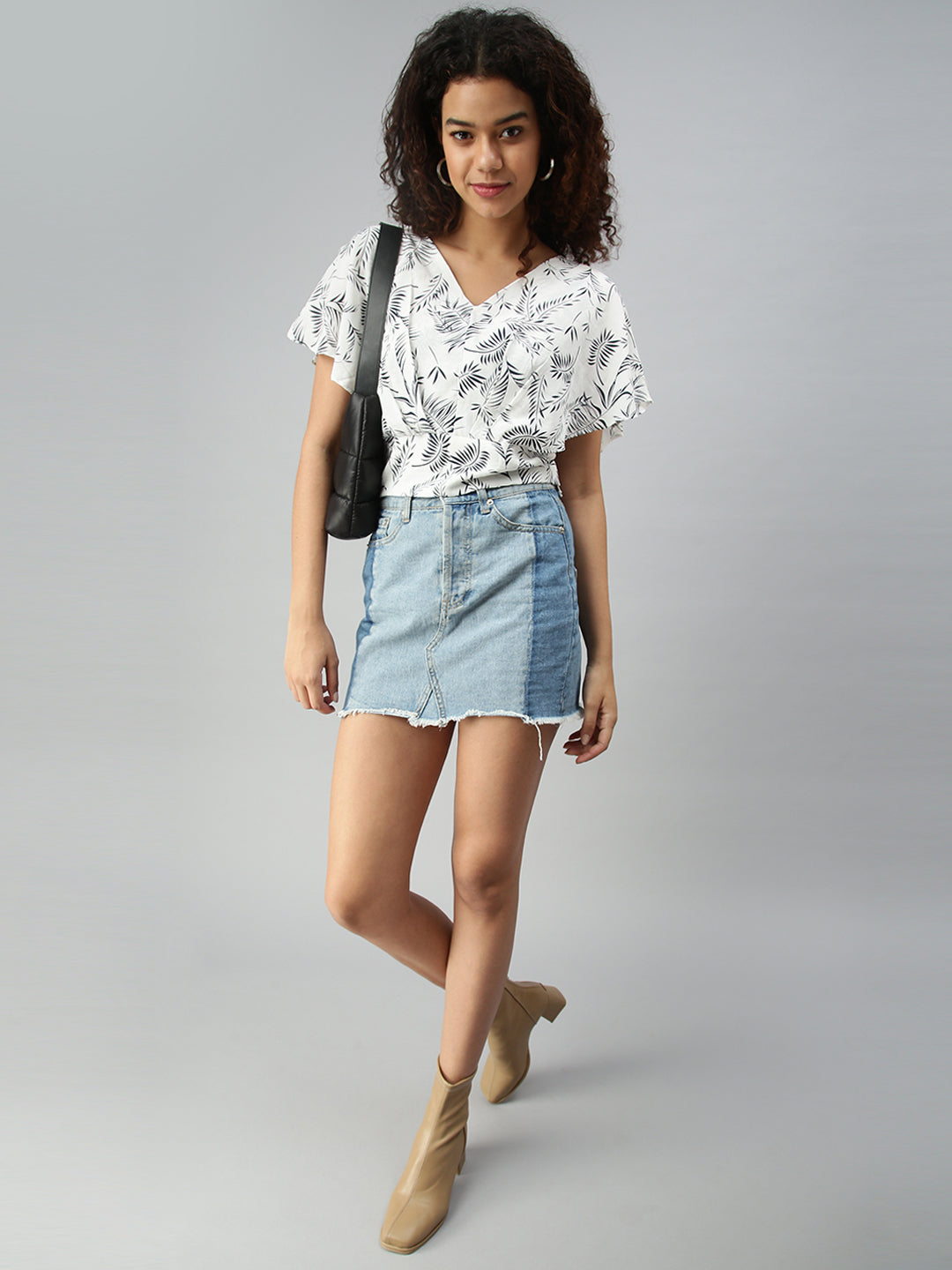 Women's White Floral Print Tropical Crepe Top