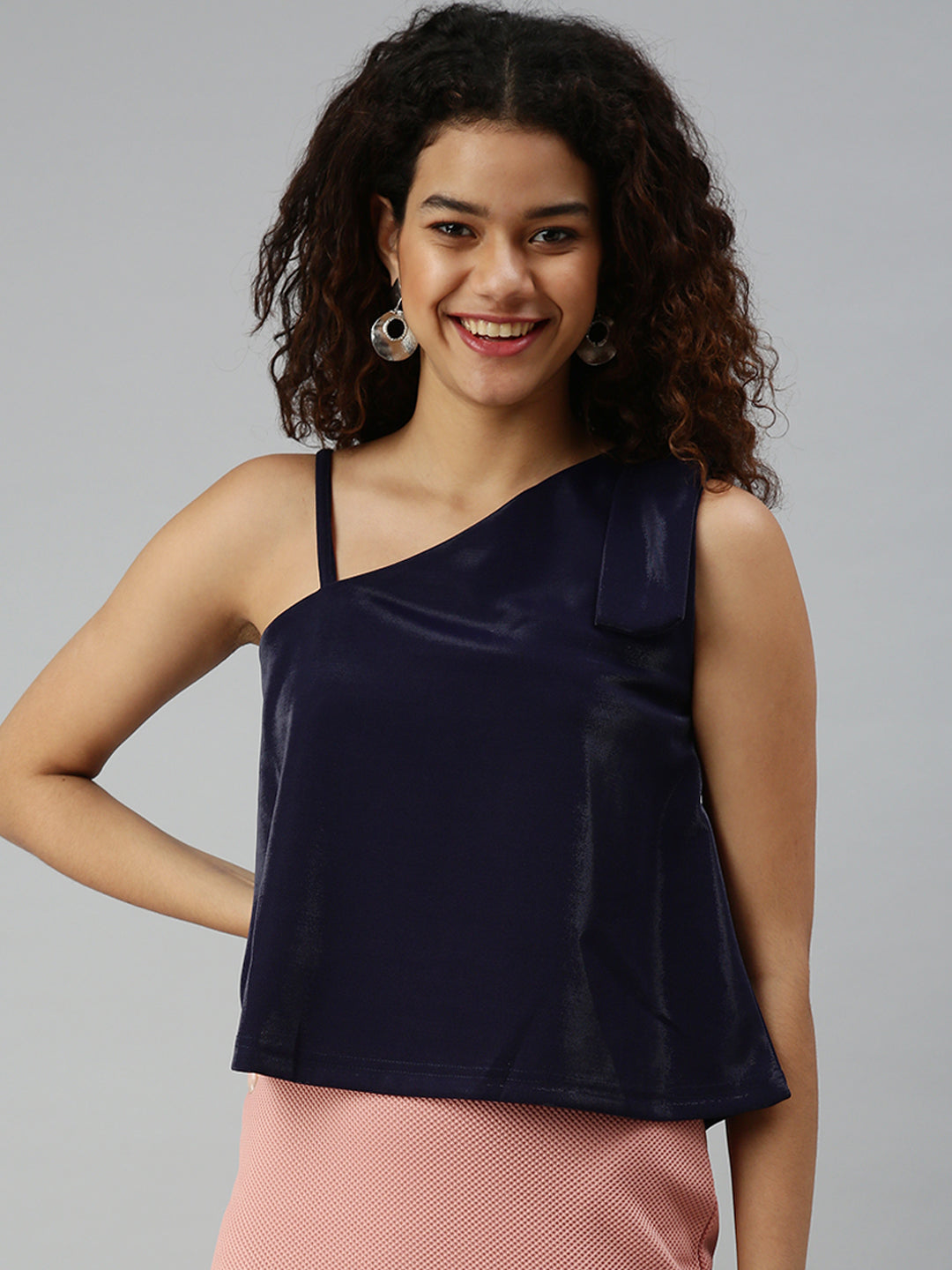 Women's Navy Blue One Shoulder Straps Top