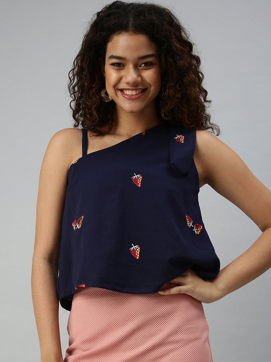 Women's Navy Blue Embellished One Shoulder Top
