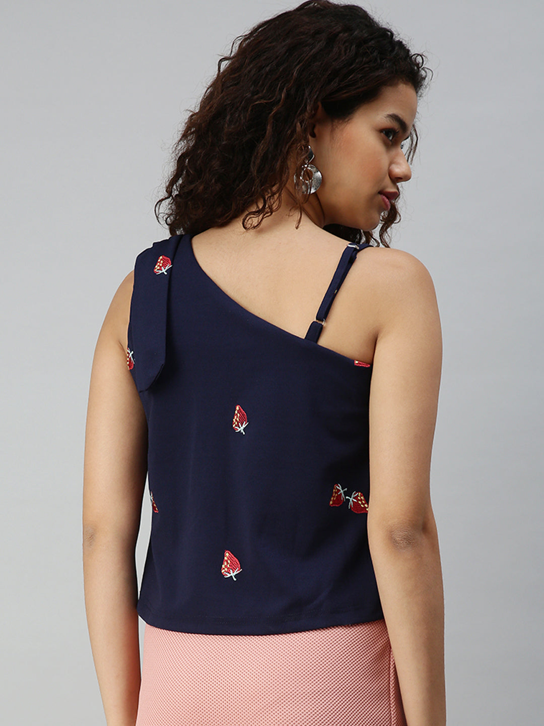 Women's Navy Blue Embellished One Shoulder Top