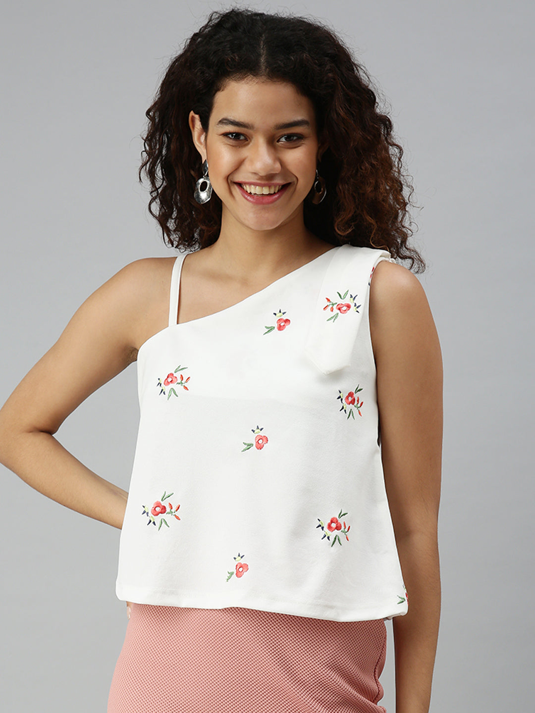 Women's White Floral Embroidered One Shoulder Top
