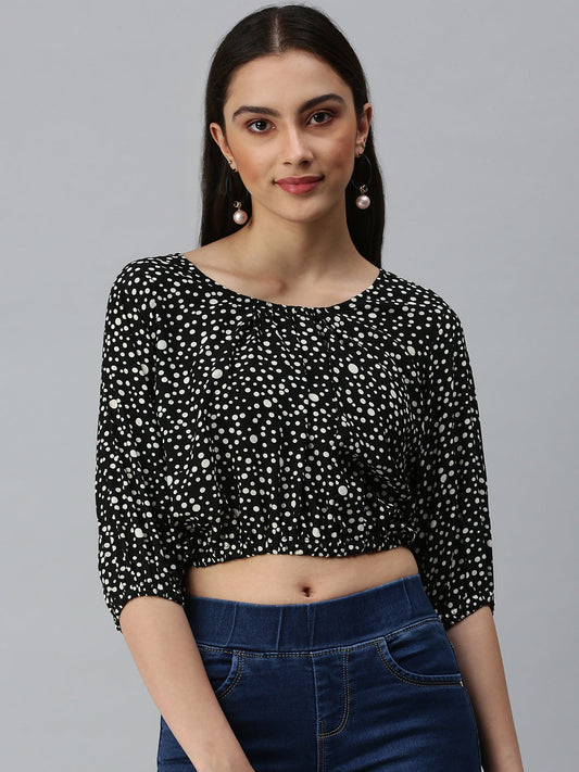 Women's Black Geometric Print Georgette Blouson Crop Top