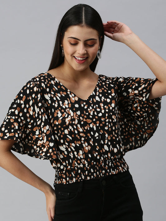 Women's Black Animal Print V-Neck Flared Sleeves Printed Top