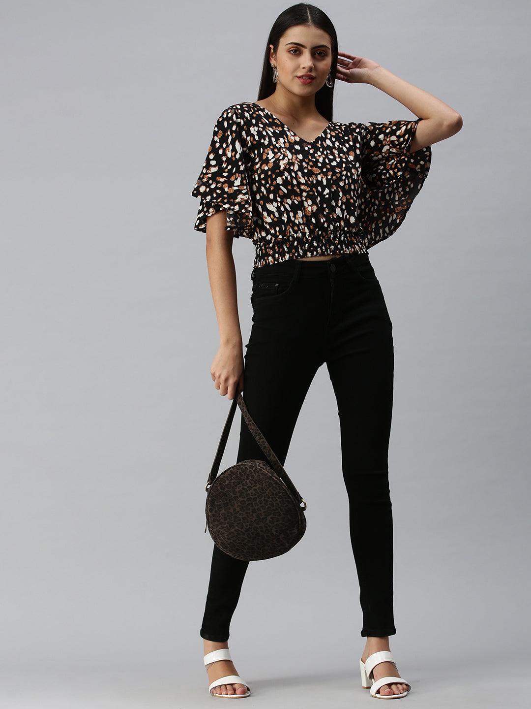 Women's Black Animal Print V-Neck Flared Sleeves Printed Top
