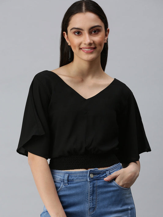 Women's Black Smocked Crepe Blouson Crop Top