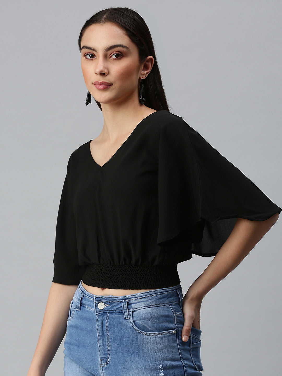 Women's Black Smocked Crepe Blouson Crop Top