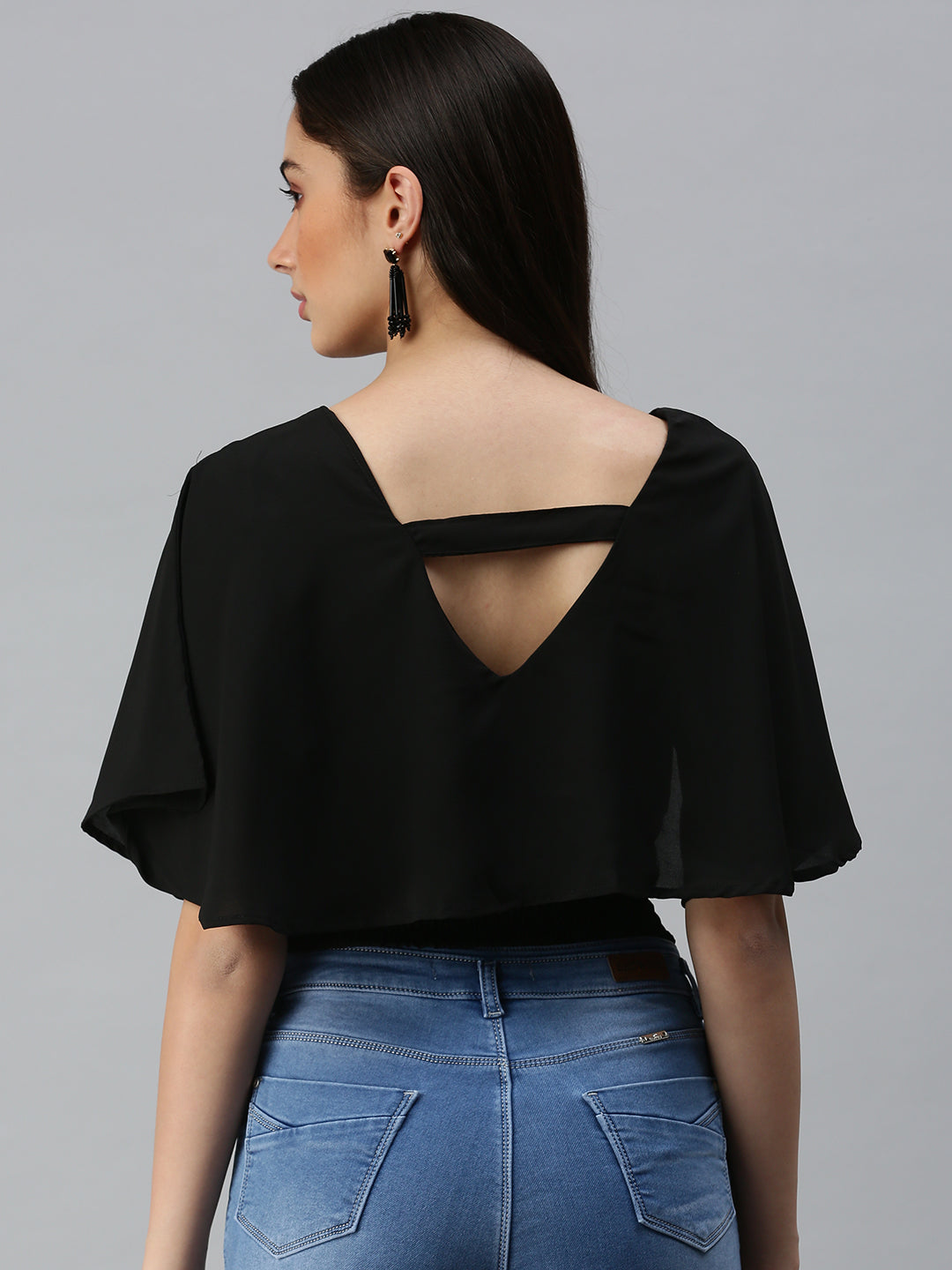 Women's Black Smocked Crepe Blouson Crop Top