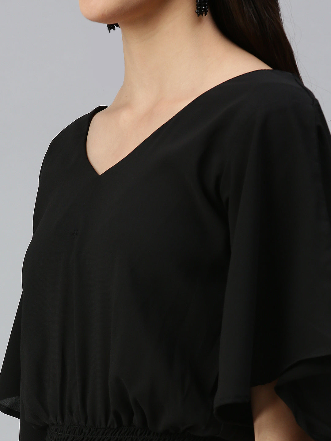 Women's Black Smocked Crepe Blouson Crop Top