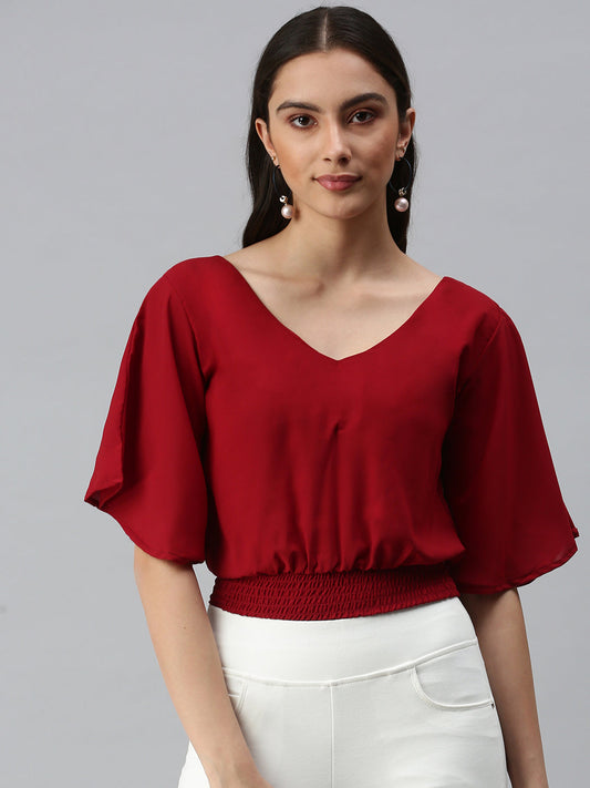 Women's Maroon Smocked Crepe Blouson Top