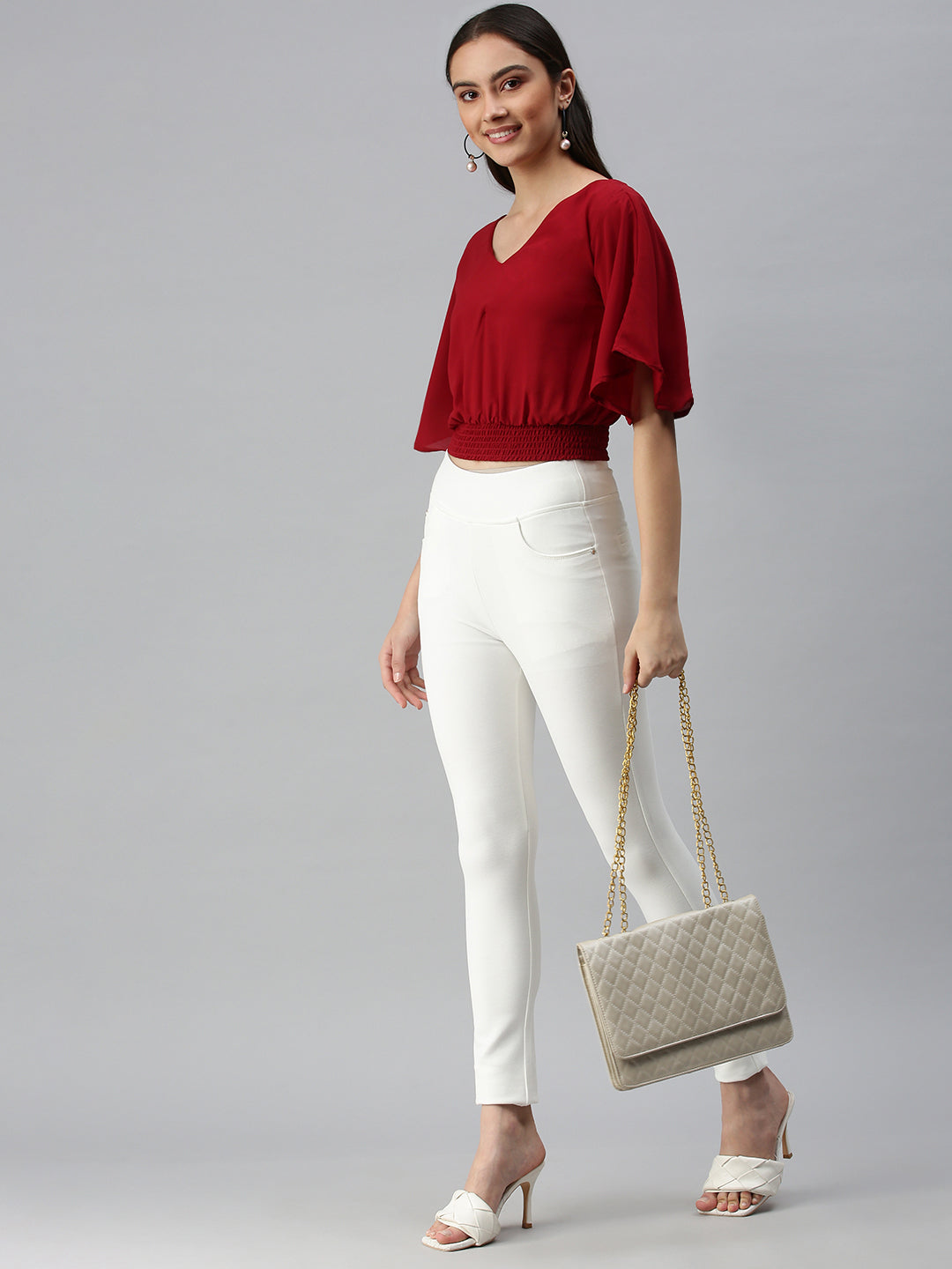 Women's Maroon Smocked Crepe Blouson Top