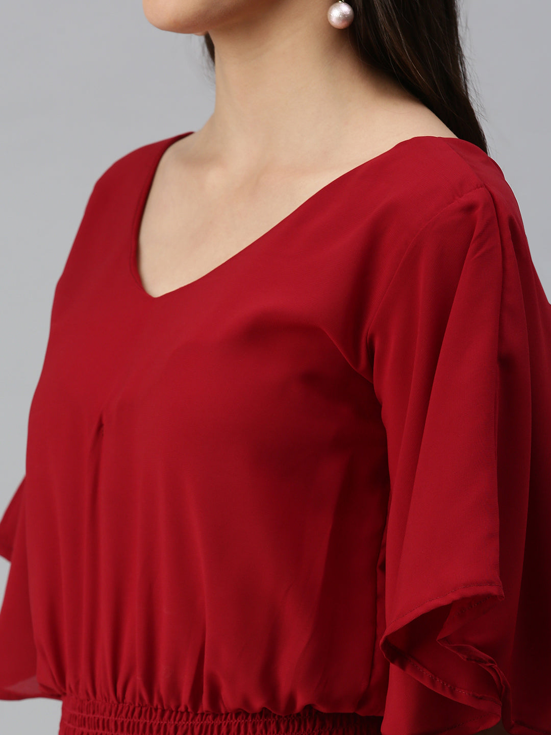 Women's Maroon Smocked Crepe Blouson Top