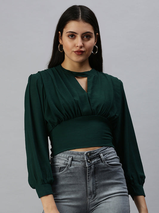 Women's Green Keyhole Neck Georgette Empire Crop Top