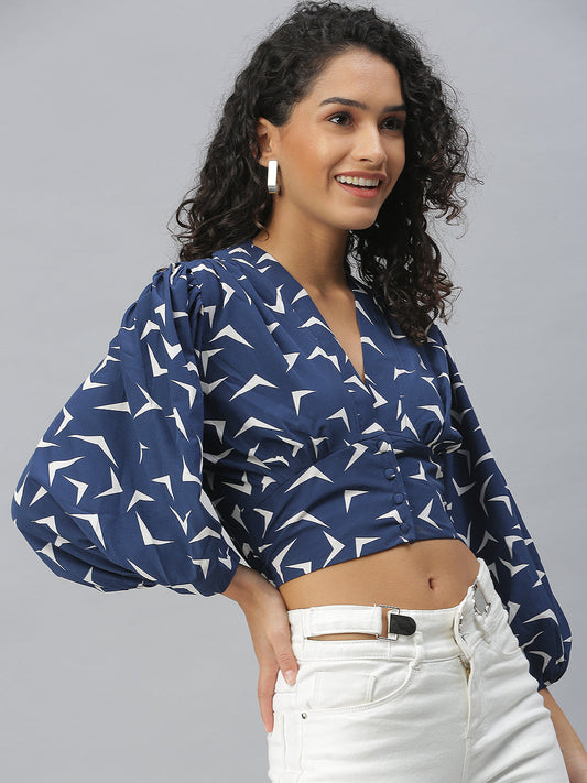 Women's Navy Blue Geometric Print Puff Sleeves Crop Top