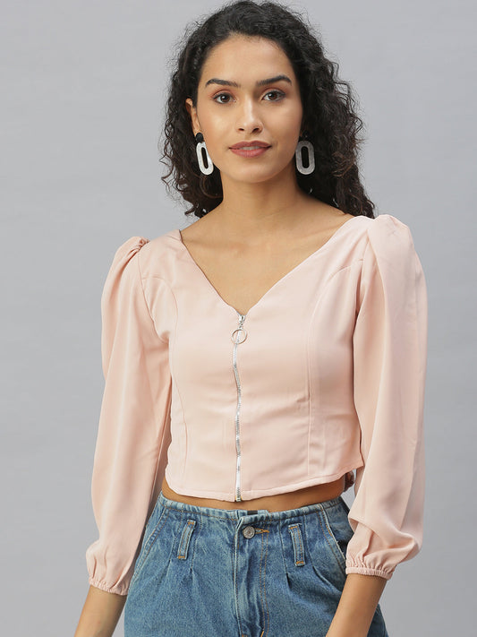Women's Peach V-Neck Crepe Crop Top