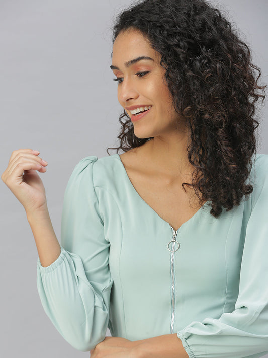Women's Sea Green Crepe Crop Top