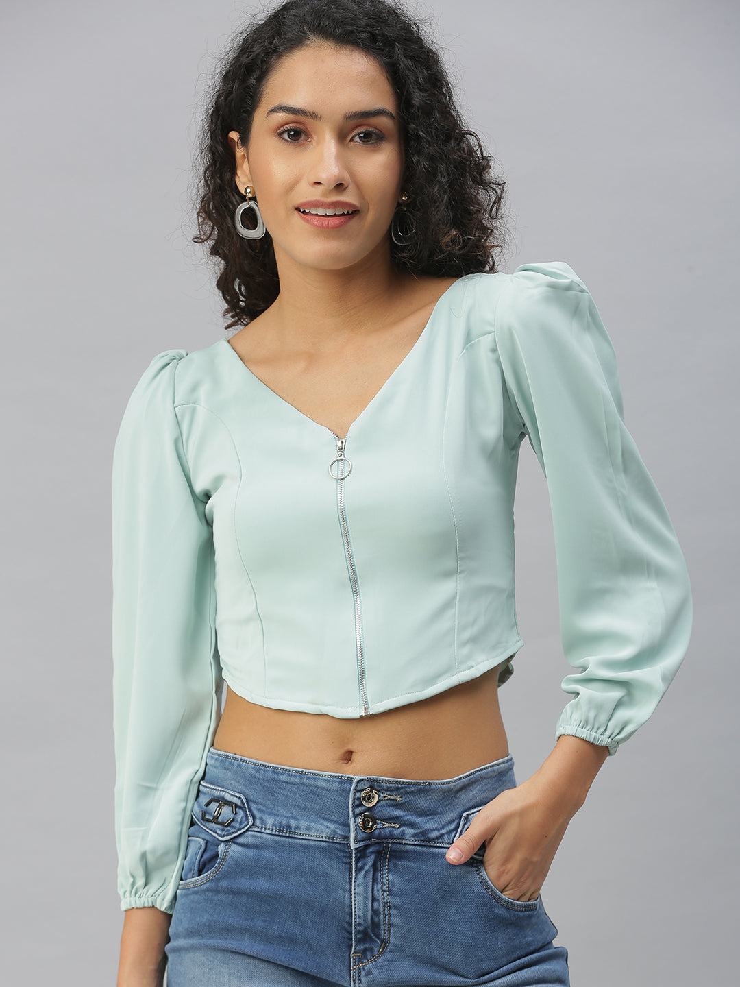 Women's Sea Green Crepe Crop Top