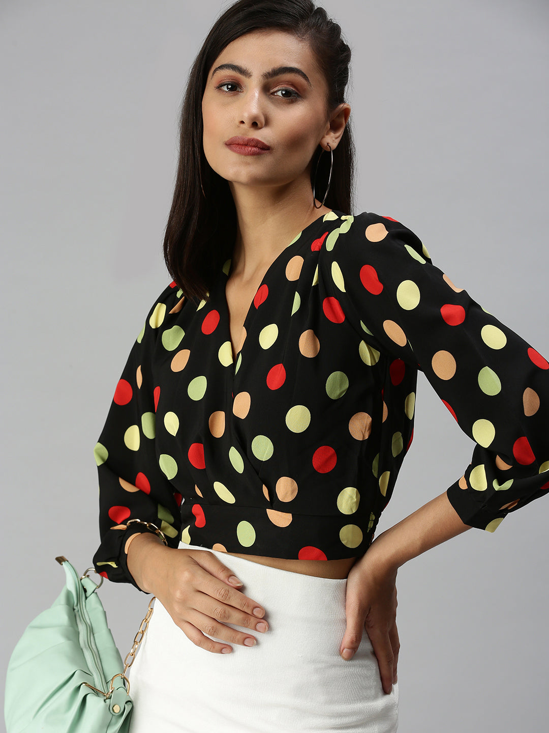 Women's Black Print Crepe Wrap Top