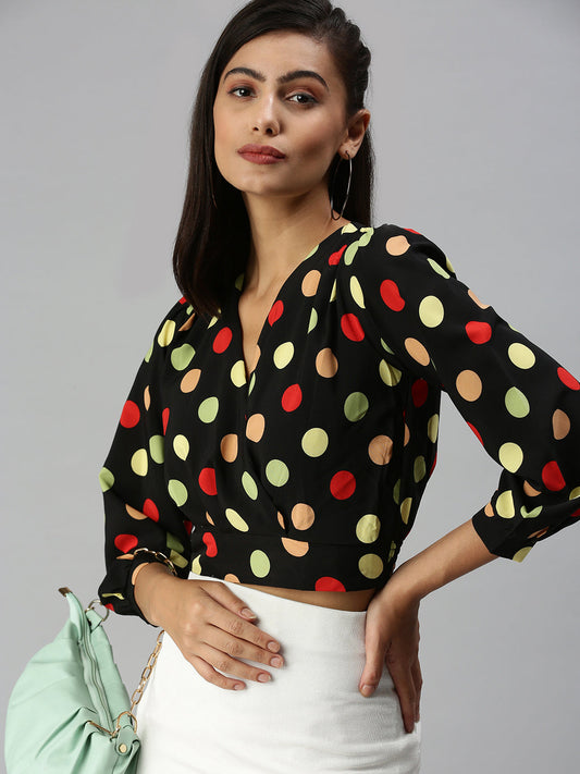 Women's Black Print Crepe Wrap Top