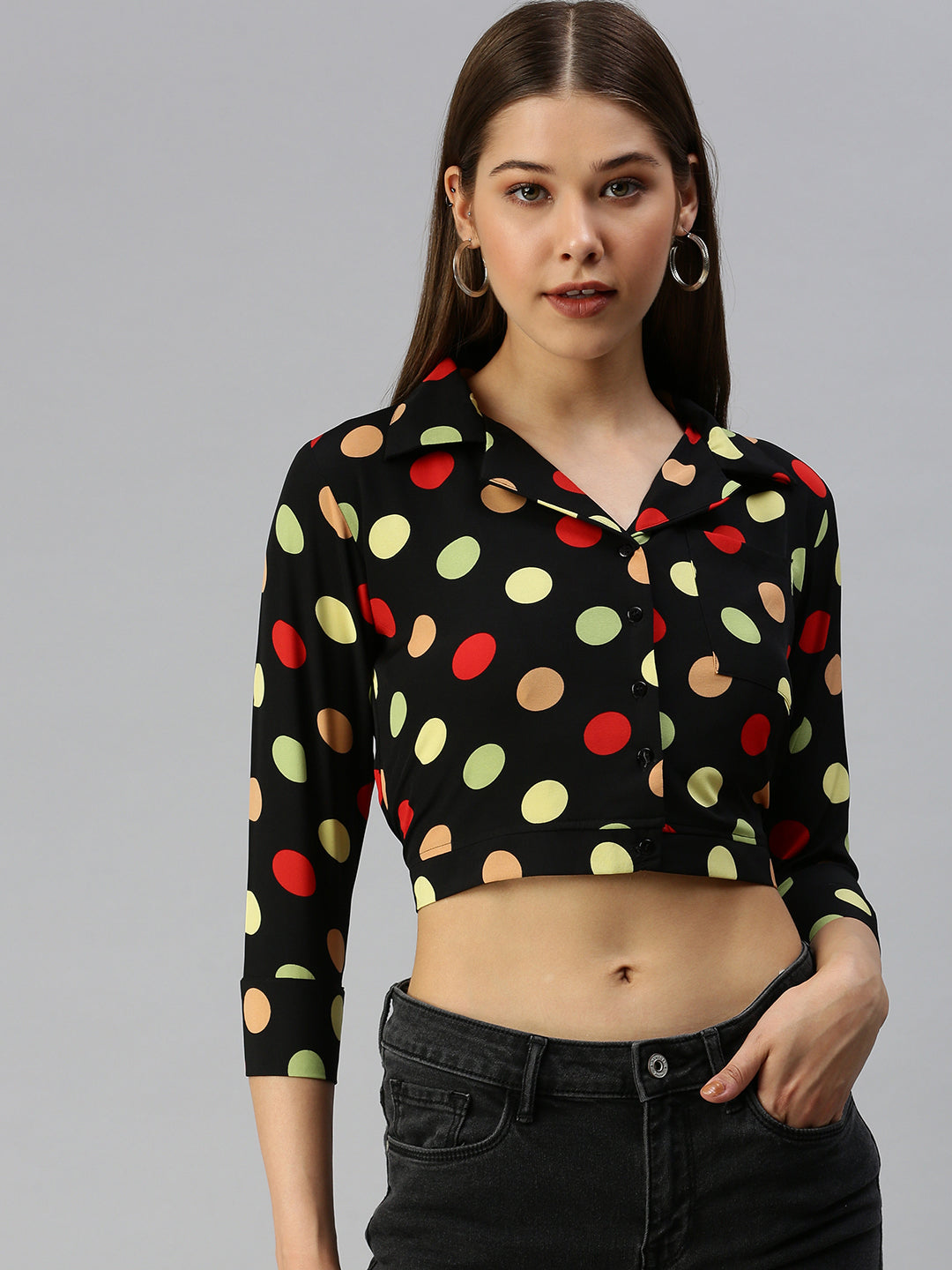 Women's Black Print Crepe Shirt Style Crop Top