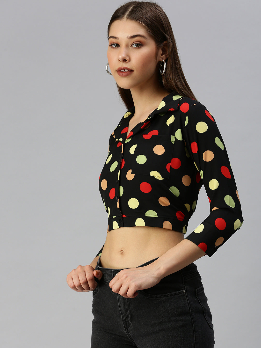 Women's Black Print Crepe Shirt Style Crop Top