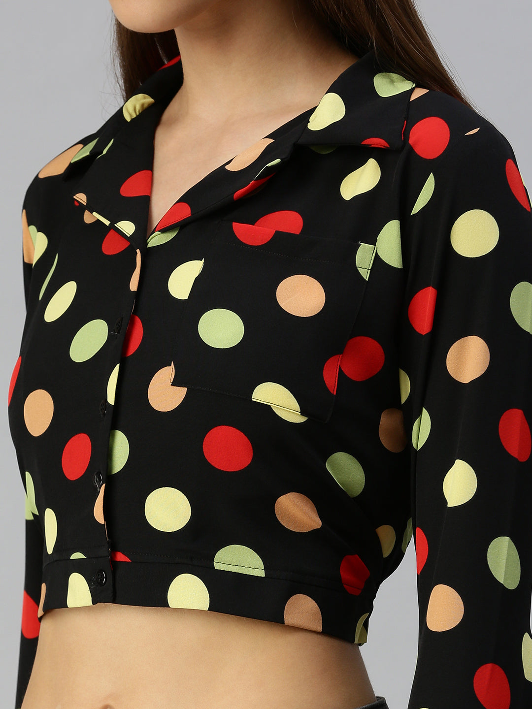 Women's Black Print Crepe Shirt Style Crop Top
