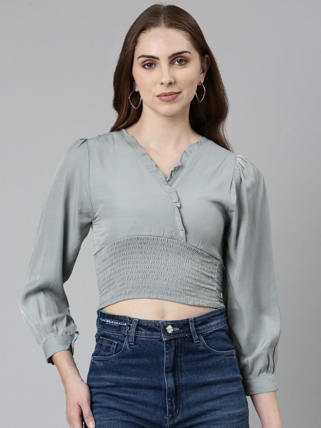 Women's Grey Puff Sleeve Smocked Crop Top