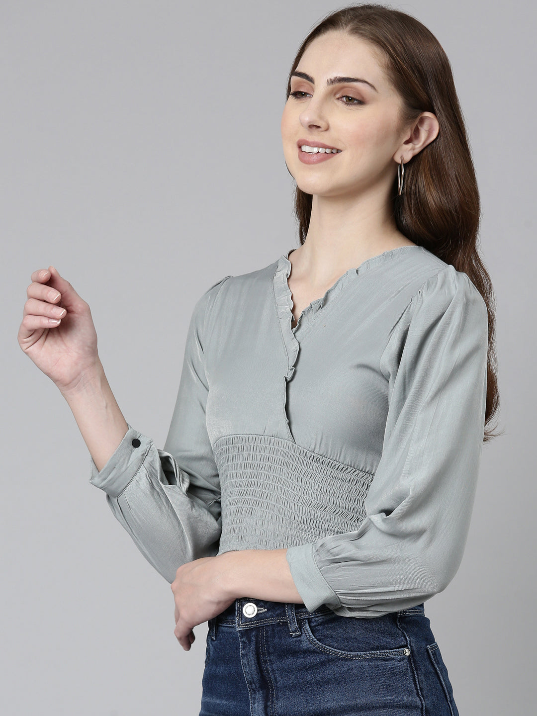 Women's Grey Puff Sleeve Smocked Crop Top
