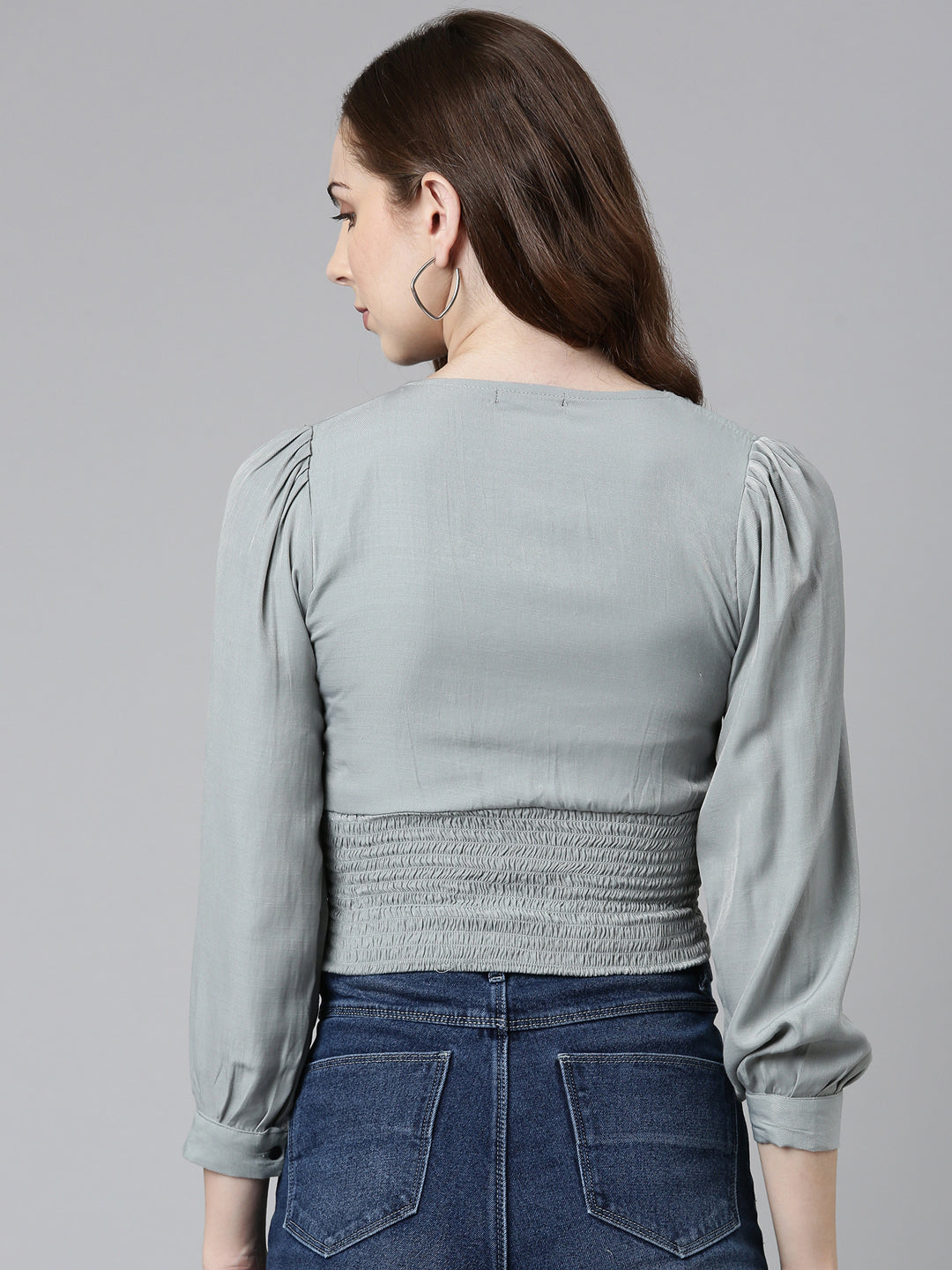 Women's Grey Puff Sleeve Smocked Crop Top