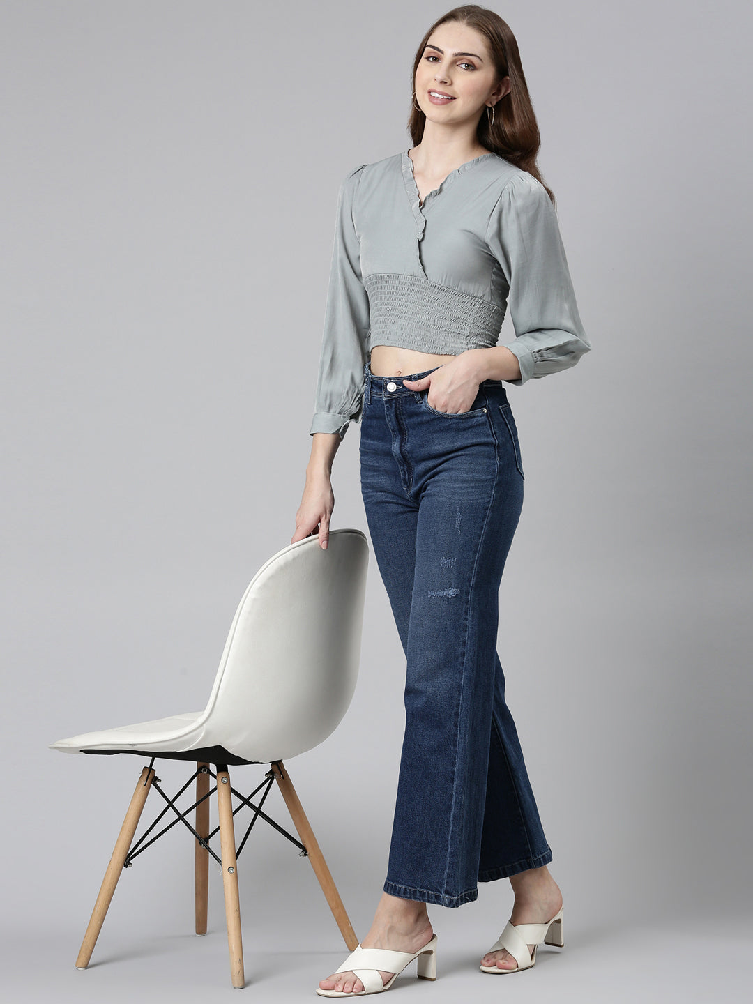 Women's Grey Puff Sleeve Smocked Crop Top