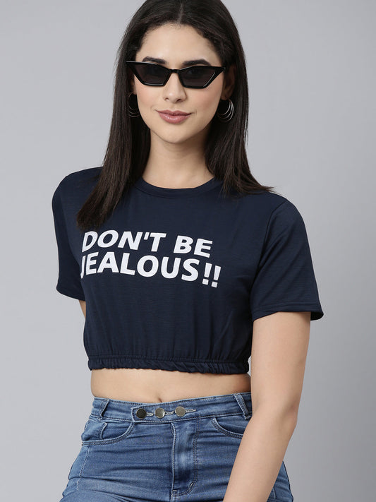 Women's Navy Blue Typography Printed Crop Cinched Waist Top
