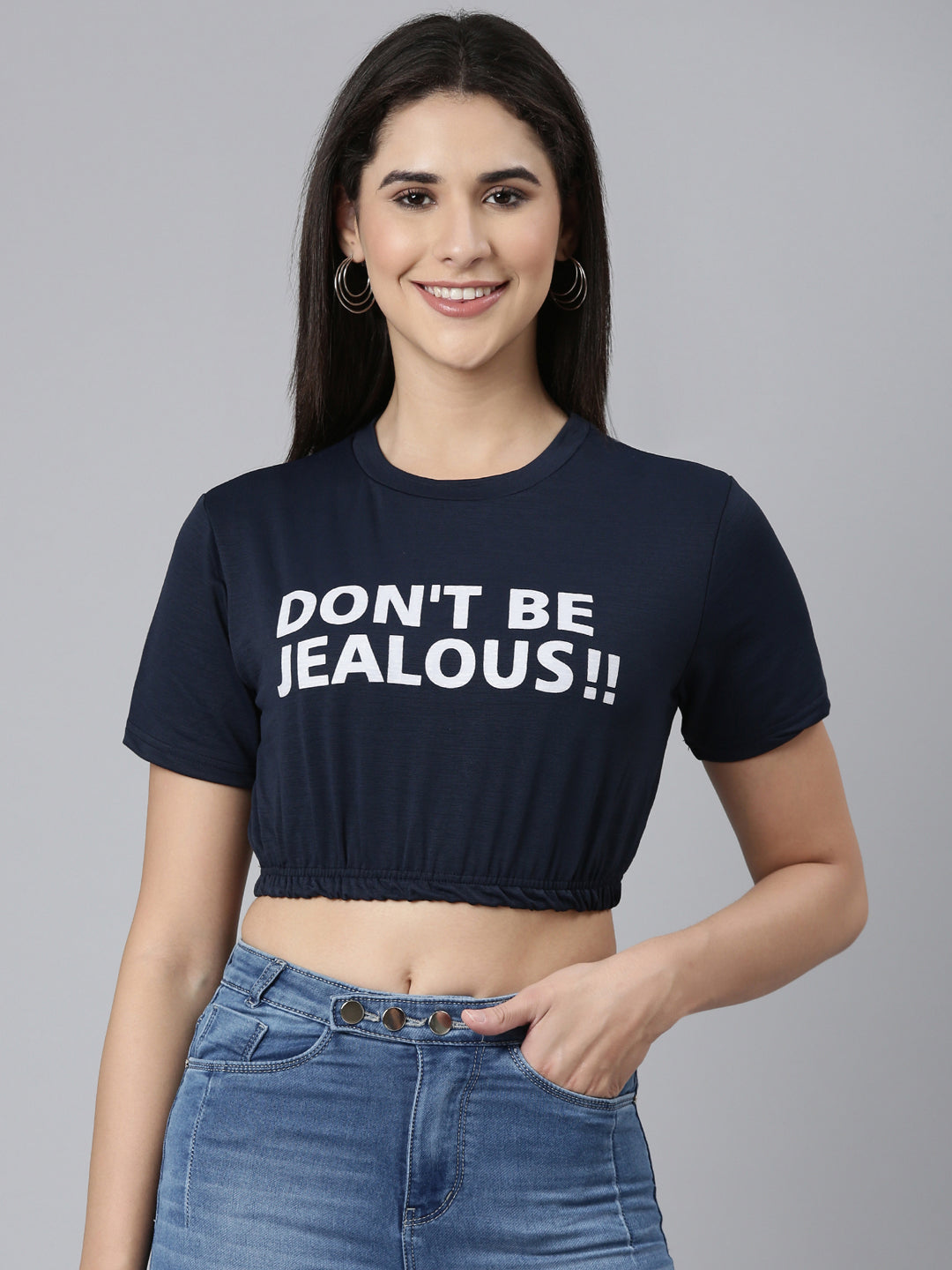 Women's Navy Blue Typography Printed Crop Cinched Waist Top