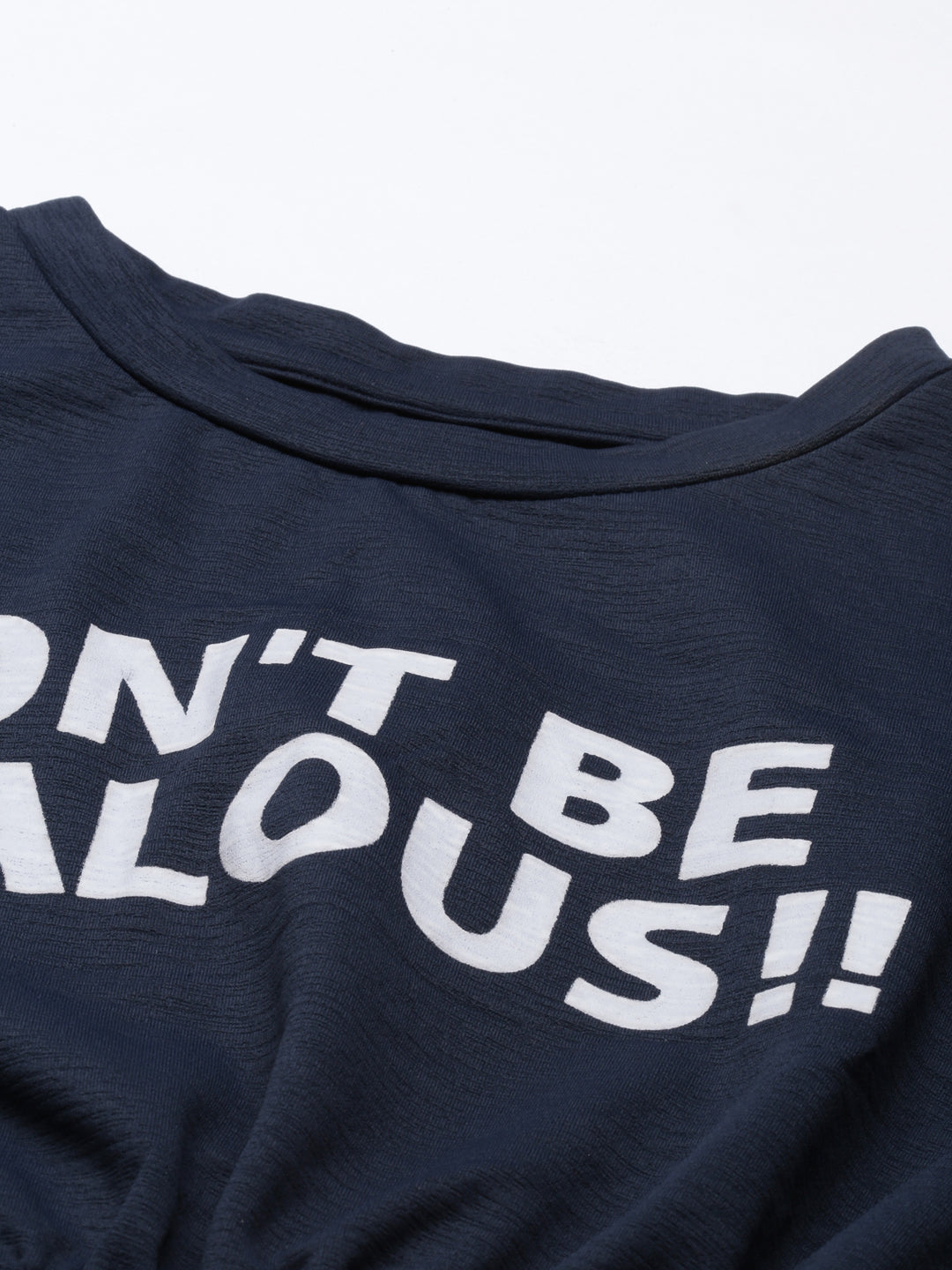 Women's Navy Blue Typography Printed Crop Cinched Waist Top