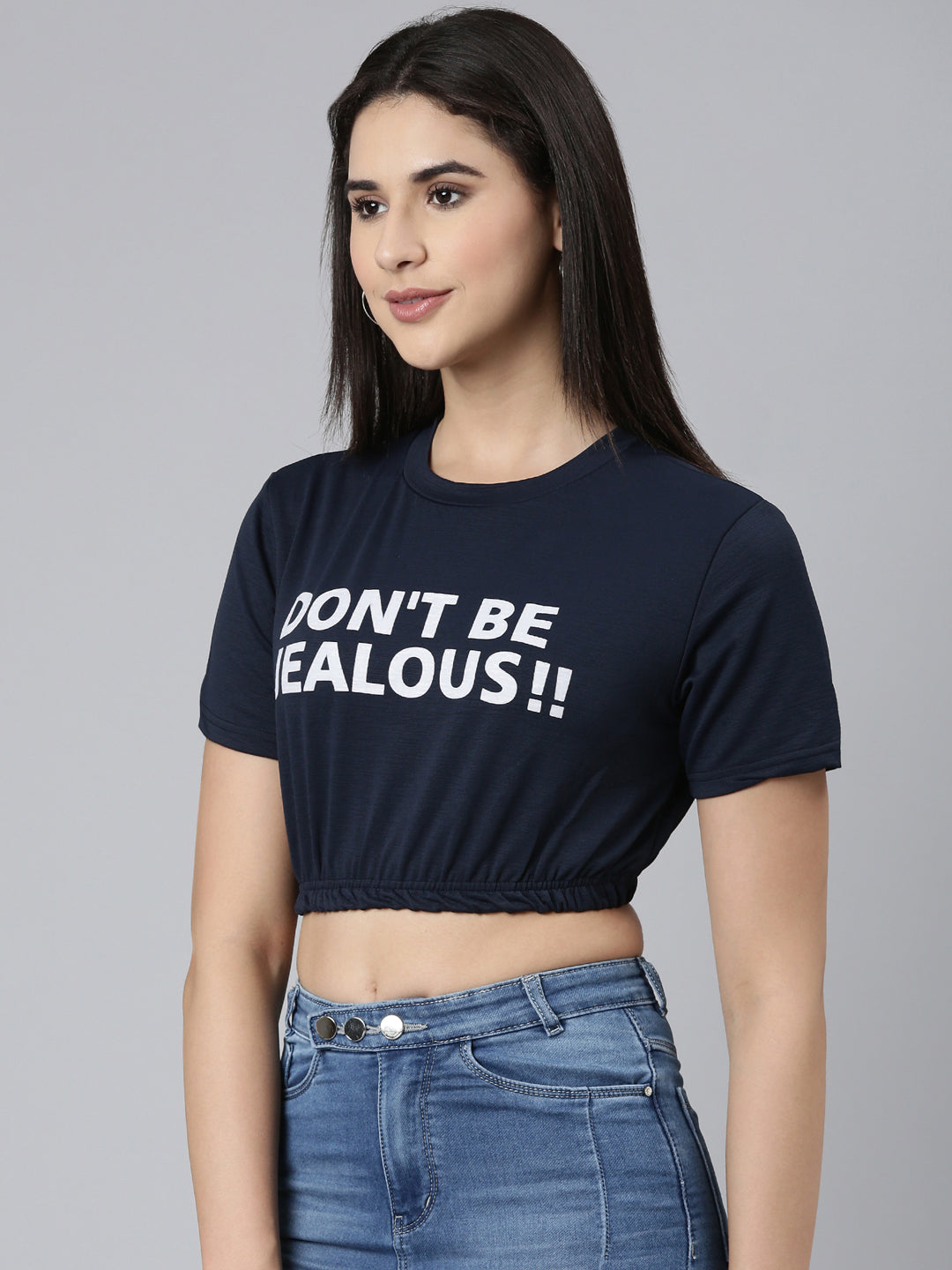 Women's Navy Blue Typography Printed Crop Cinched Waist Top