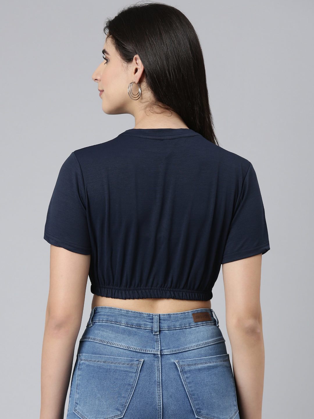 Women's Navy Blue Typography Printed Crop Cinched Waist Top