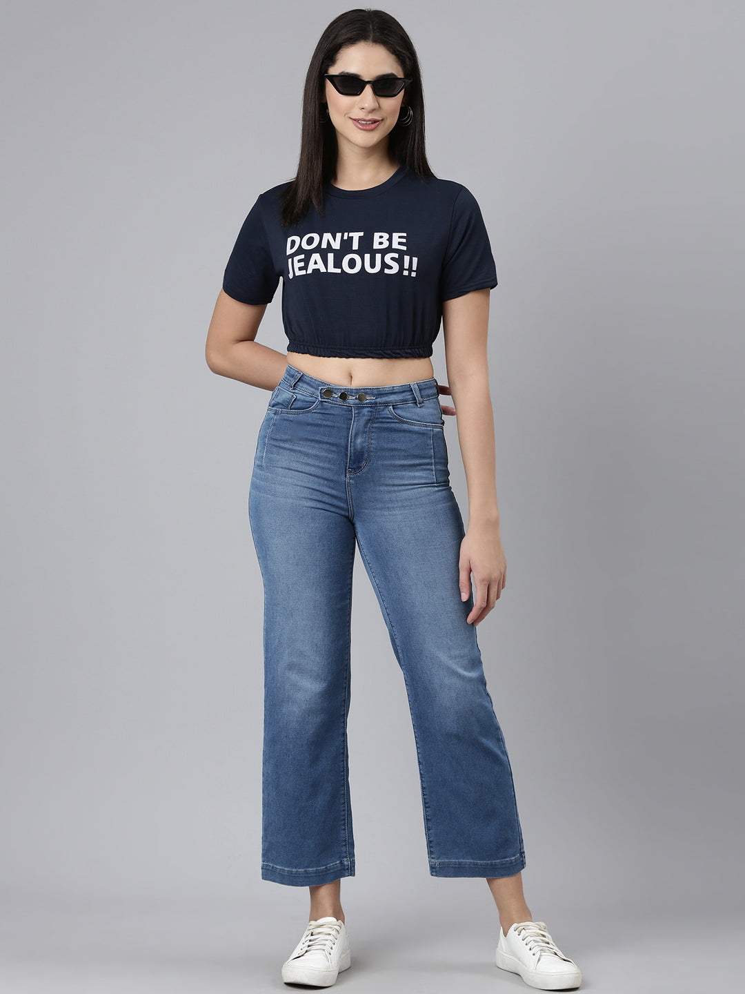 Women's Navy Blue Typography Printed Crop Cinched Waist Top