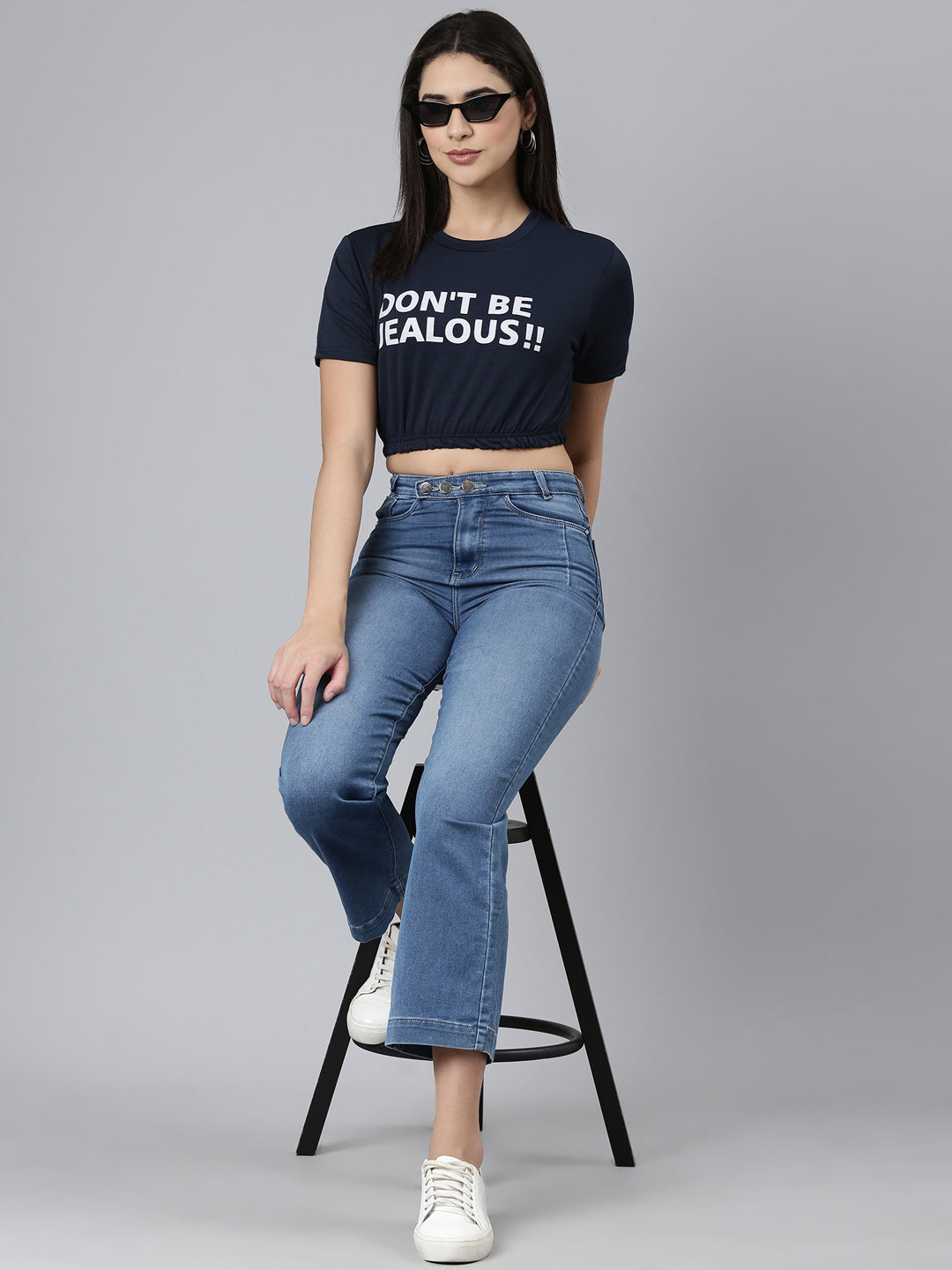 Women's Navy Blue Typography Printed Crop Cinched Waist Top