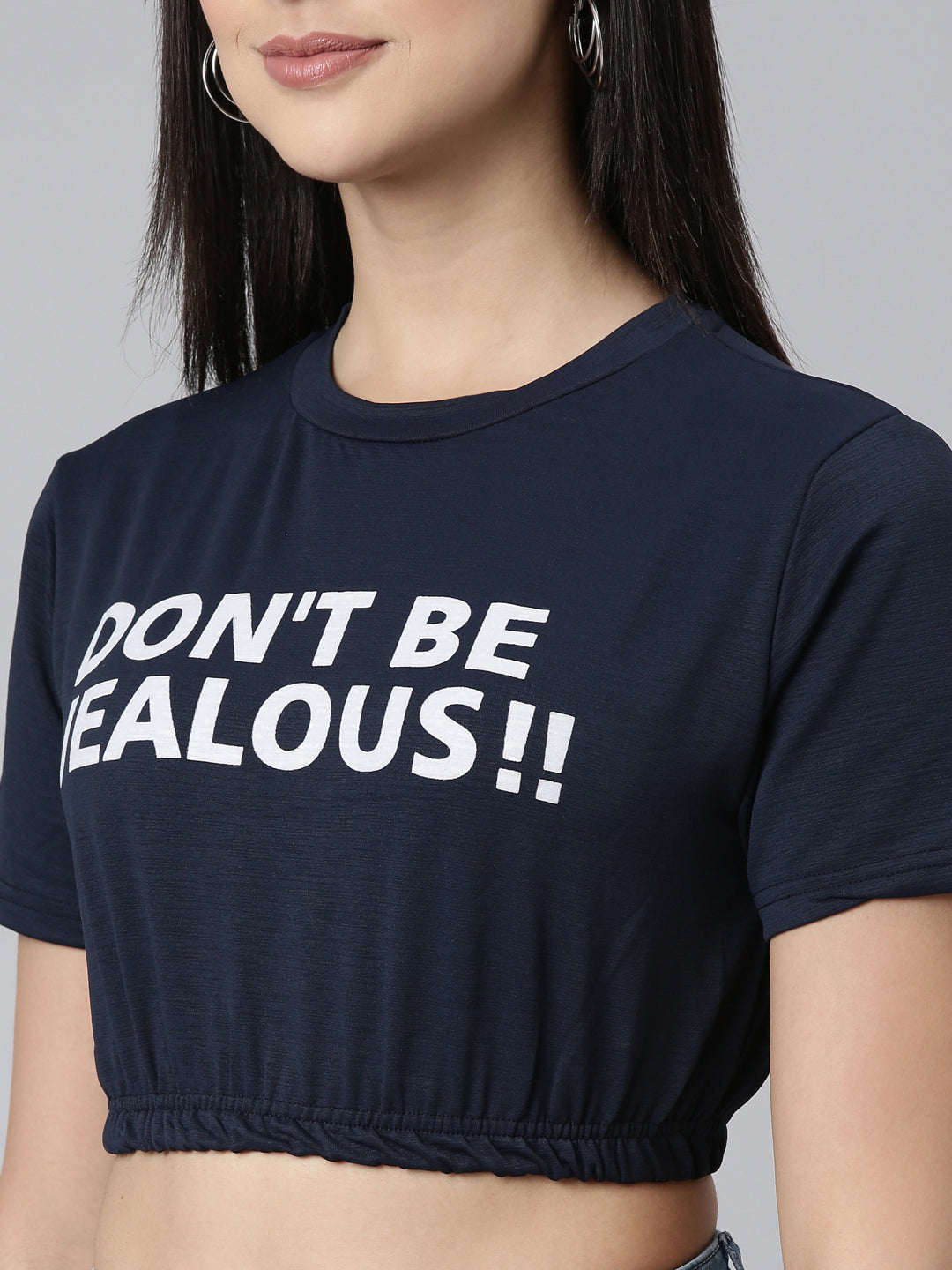 Women's Navy Blue Typography Printed Crop Cinched Waist Top
