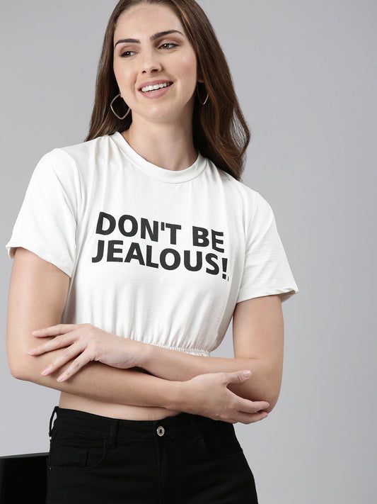 Women's White Typography Printed Cinched Waist Crop Top