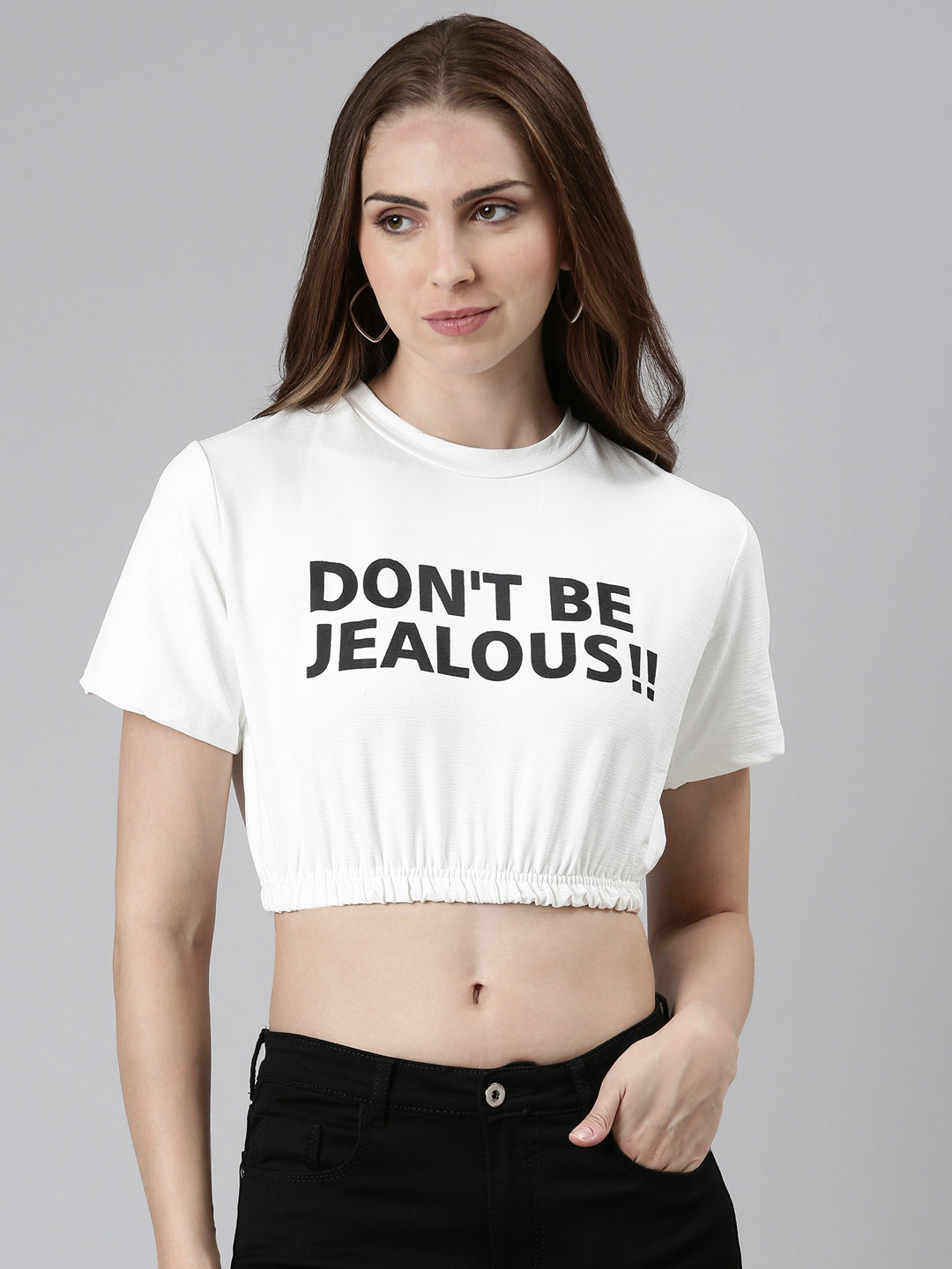 Women's White Typography Printed Cinched Waist Crop Top