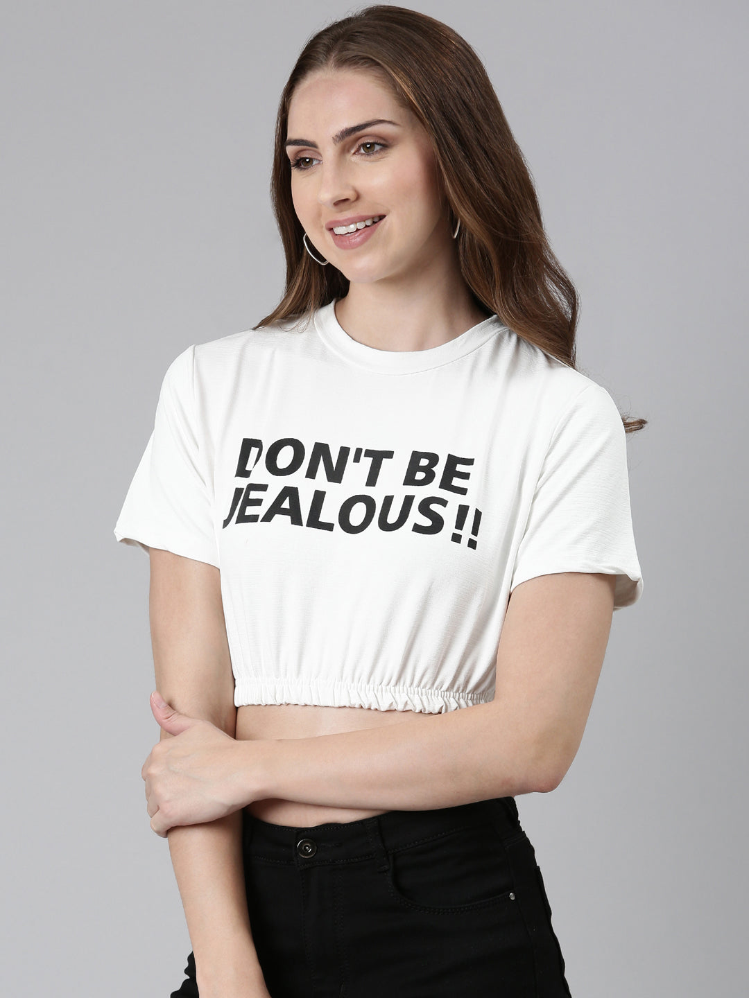 Women's White Typography Printed Cinched Waist Crop Top