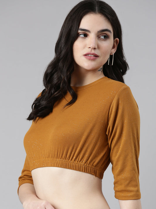 Women's Mustard Round Neck Gathered Crop Top