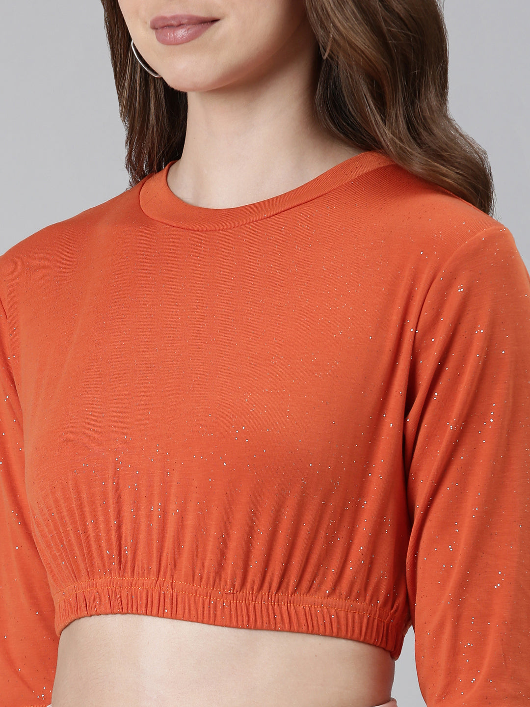Women's Orange Round Neck Cinched Waist Crop Top