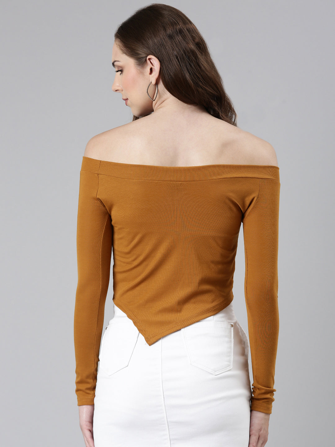 Women's Mustard Off-Shoulder Long Sleeves Bardot Top