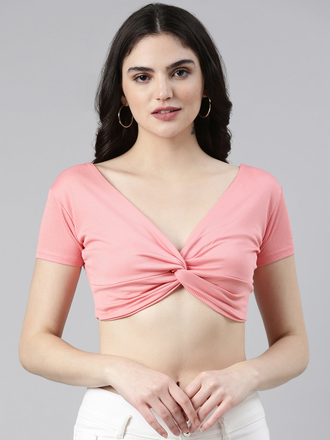 Women's Coral V-Neck Twisted Crop Top