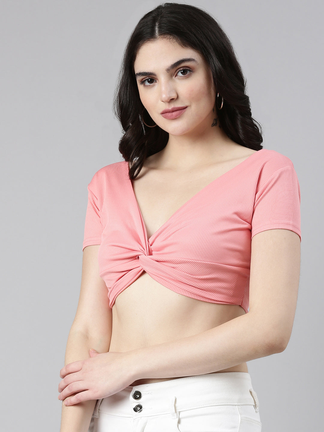 Women's Coral V-Neck Twisted Crop Top