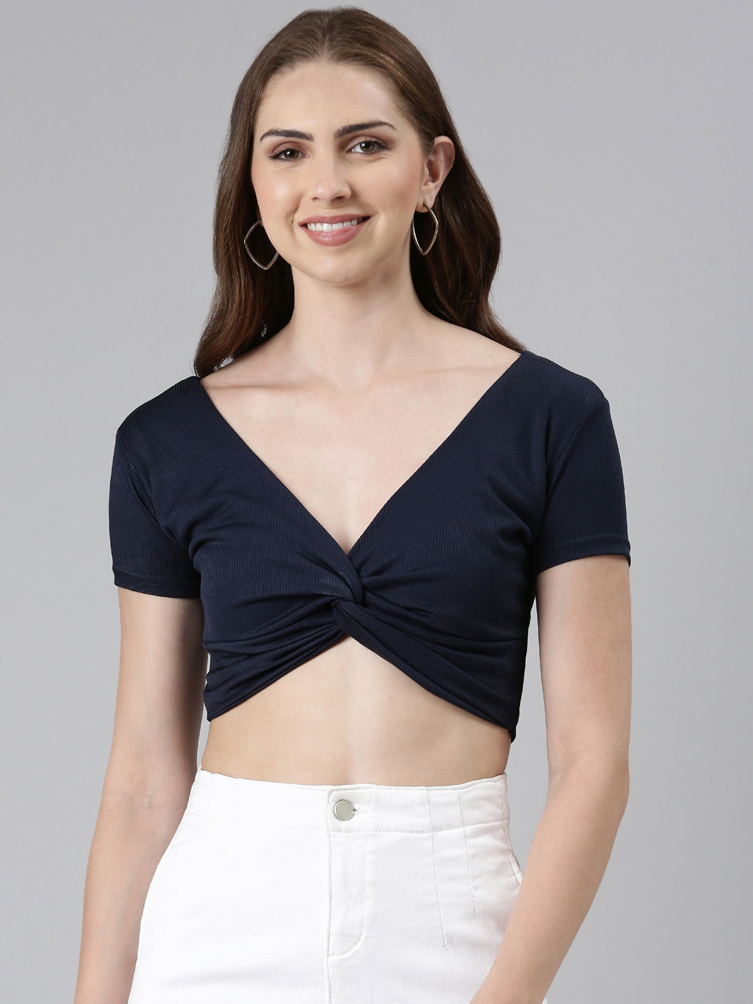 Women's Navy Blue V-Neck Twisted Crop Fitted Top
