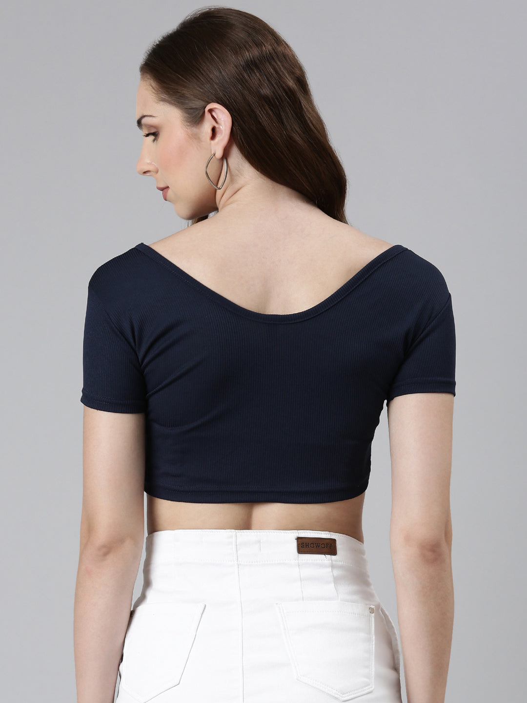 Women's Navy Blue V-Neck Twisted Crop Fitted Top